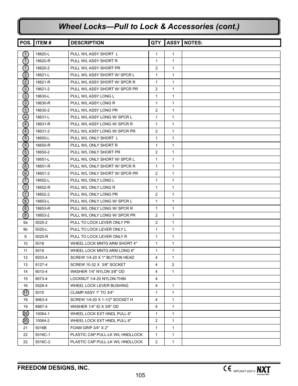 Wheel locks—pull to lock & accessories (cont.), Freedom designs, inc. 105 | Freedom Designs Freedom NXT User Manual | Page 114 / 182