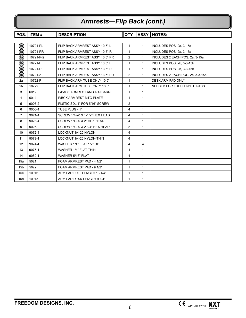 Armrests—flip back (cont.), 6freedom designs, inc | Freedom Designs Freedom NXT User Manual | Page 15 / 182