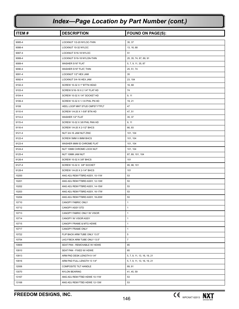 Index—page location by part number (cont.), 146 freedom designs, inc, Item # description found on page(s) | Freedom Designs Freedom NXT User Manual | Page 155 / 182