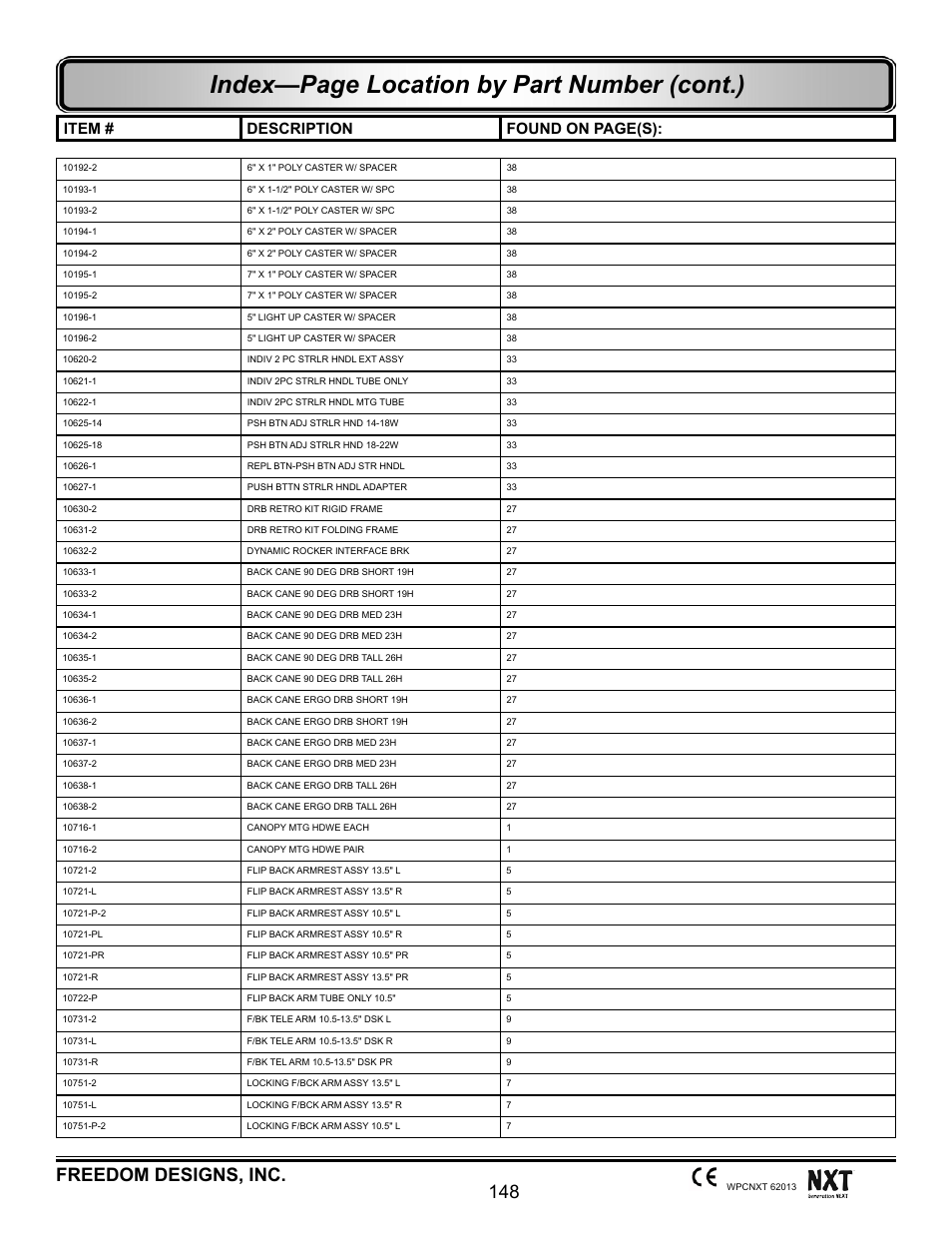 Index—page location by part number (cont.), 148 freedom designs, inc, Item # description found on page(s) | Freedom Designs Freedom NXT User Manual | Page 157 / 182