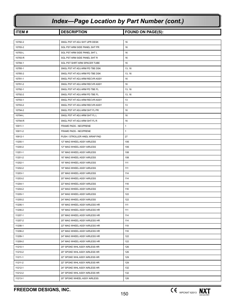 Index—page location by part number (cont.), 150 freedom designs, inc, Item # description found on page(s) | Freedom Designs Freedom NXT User Manual | Page 159 / 182