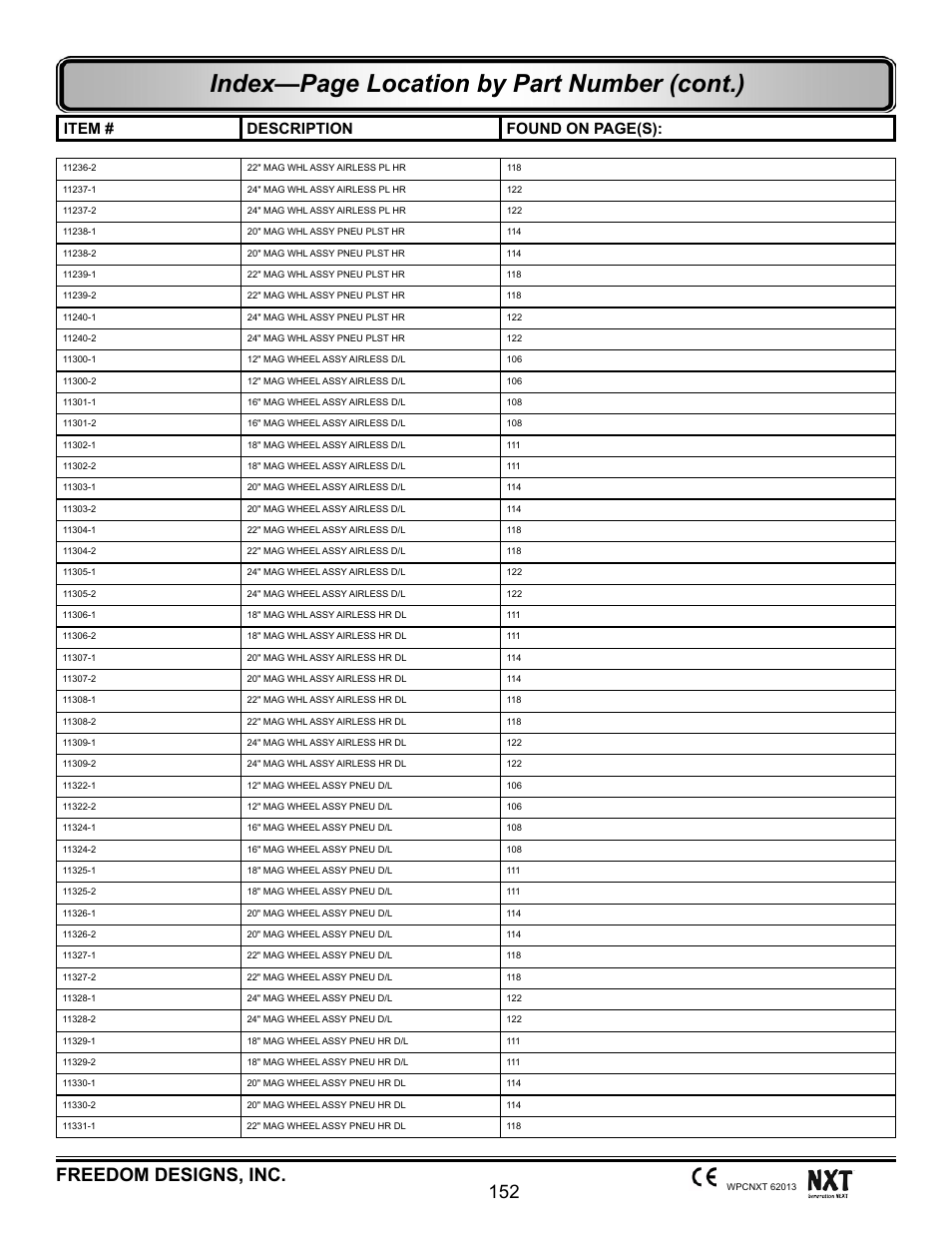 Index—page location by part number (cont.), 152 freedom designs, inc, Item # description found on page(s) | Freedom Designs Freedom NXT User Manual | Page 161 / 182