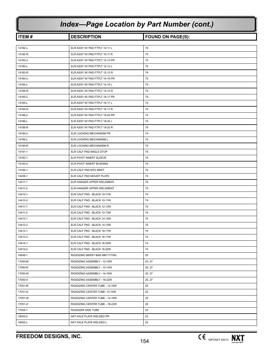 Index—page location by part number (cont.), 154 freedom designs, inc, Item # description found on page(s) | Freedom Designs Freedom NXT User Manual | Page 163 / 182