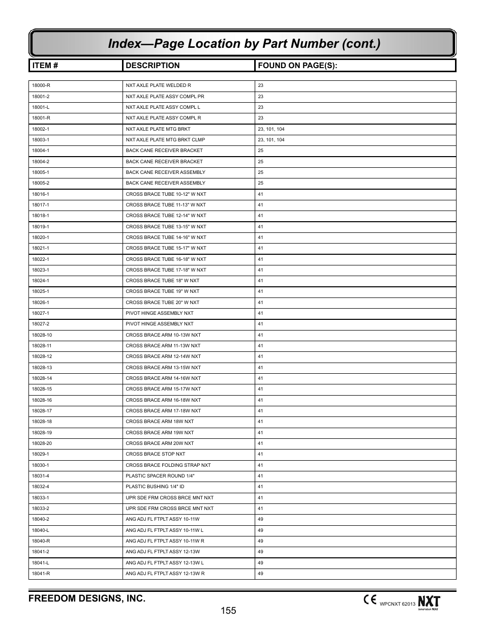 Index—page location by part number (cont.), Freedom designs, inc. 155, Item # description found on page(s) | Freedom Designs Freedom NXT User Manual | Page 164 / 182
