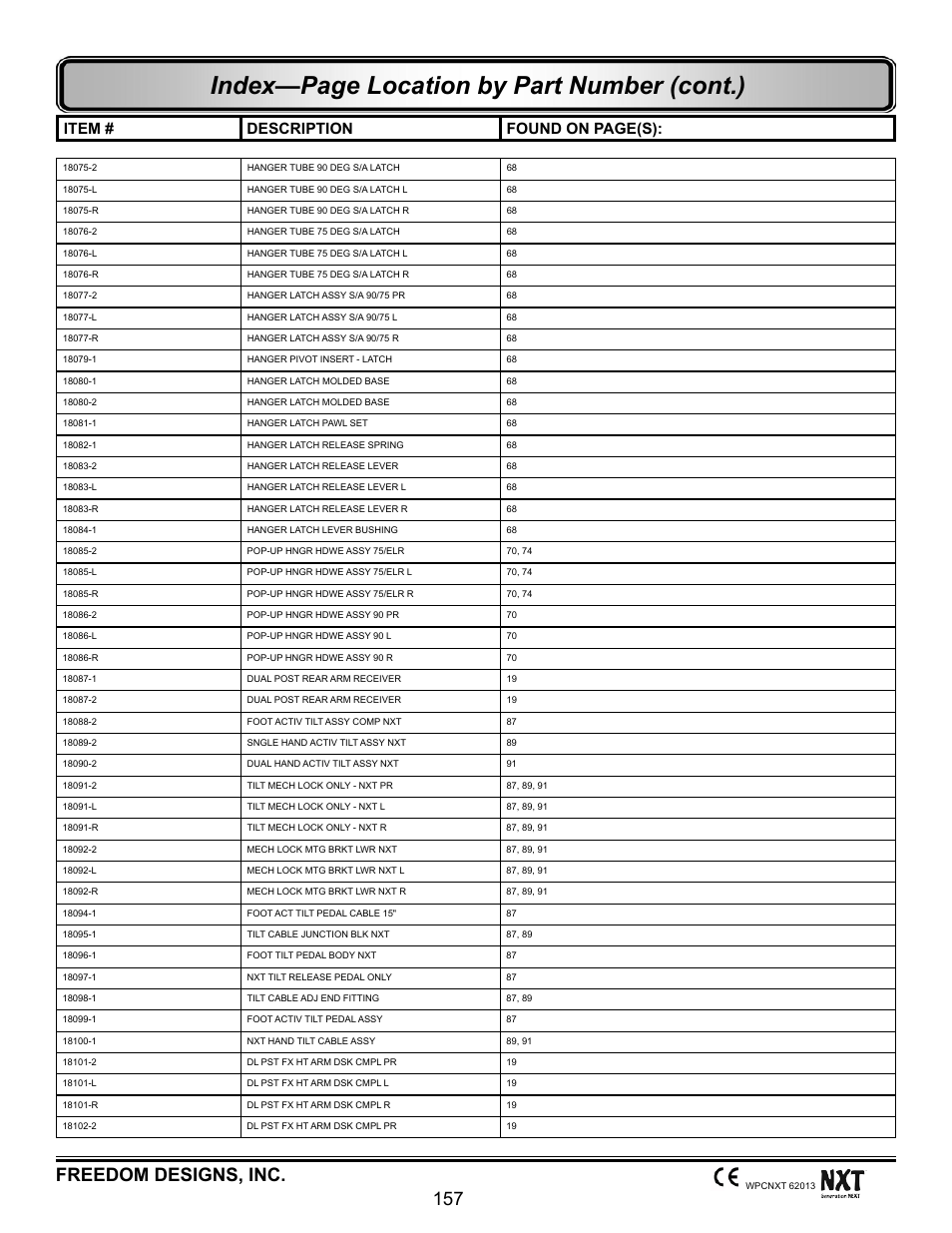 Index—page location by part number (cont.), Freedom designs, inc. 157, Item # description found on page(s) | Freedom Designs Freedom NXT User Manual | Page 166 / 182