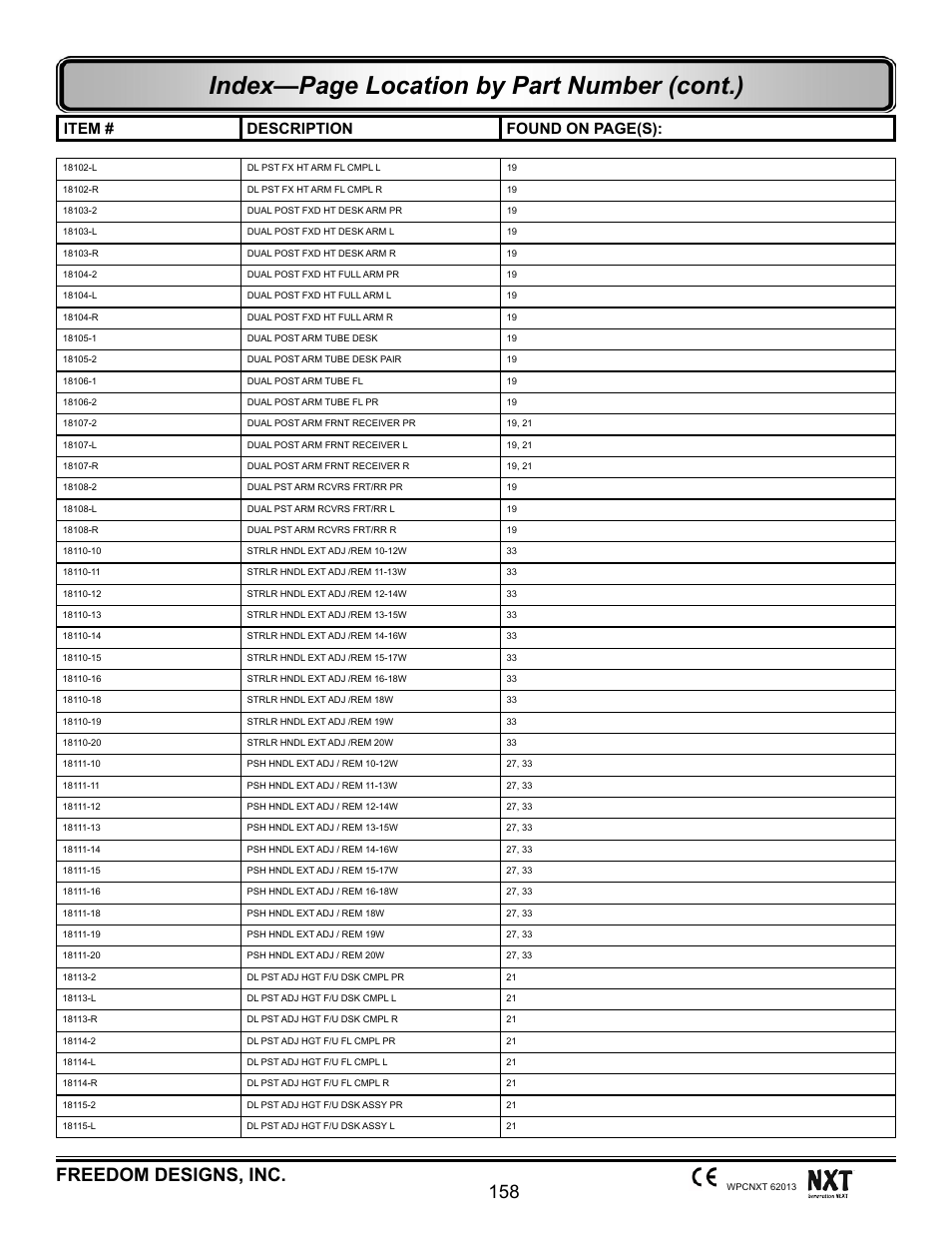 Index—page location by part number (cont.), 158 freedom designs, inc, Item # description found on page(s) | Freedom Designs Freedom NXT User Manual | Page 167 / 182