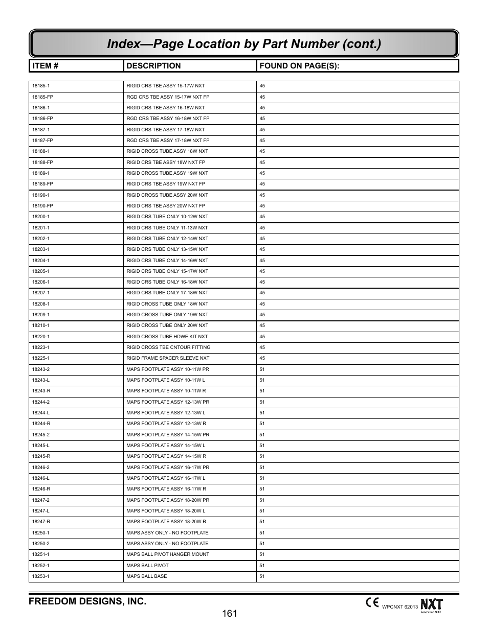 Index—page location by part number (cont.), Freedom designs, inc. 161, Item # description found on page(s) | Freedom Designs Freedom NXT User Manual | Page 170 / 182