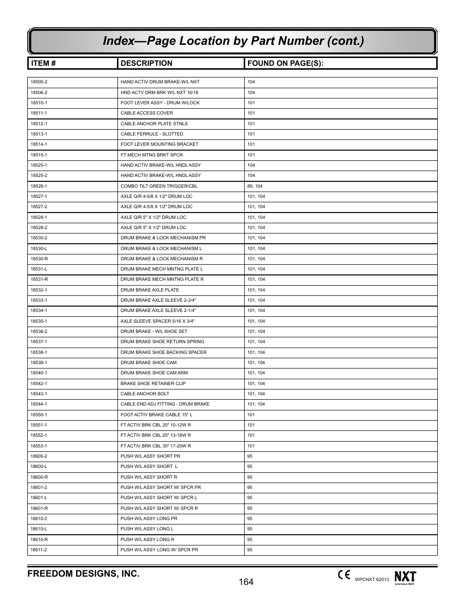 Index—page location by part number (cont.), 164 freedom designs, inc, Item # description found on page(s) | Freedom Designs Freedom NXT User Manual | Page 173 / 182