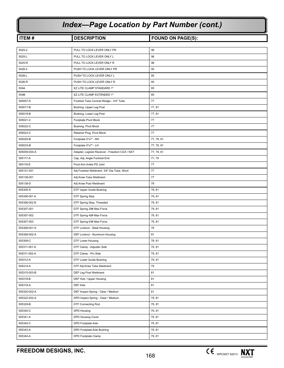 Index—page location by part number (cont.), 168 freedom designs, inc, Item # description found on page(s) | Freedom Designs Freedom NXT User Manual | Page 177 / 182