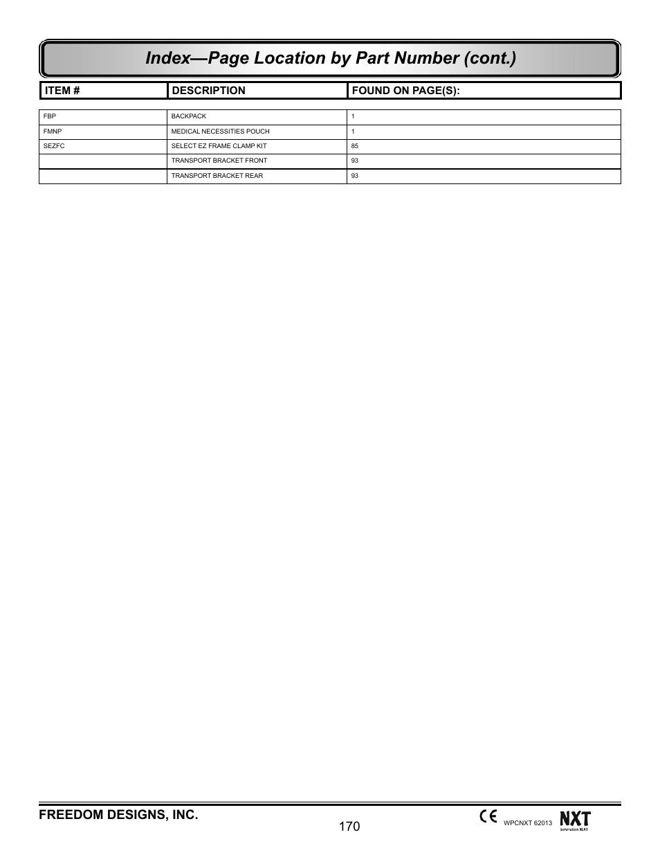 Index—page location by part number (cont.), 170 freedom designs, inc | Freedom Designs Freedom NXT User Manual | Page 179 / 182