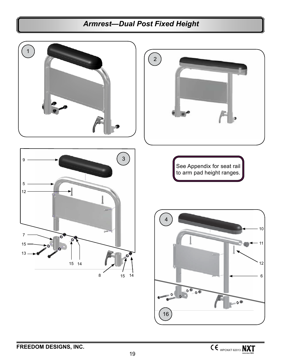 Dual post fixed height removable, Armrest—dual post fixed height | Freedom Designs Freedom NXT User Manual | Page 28 / 182