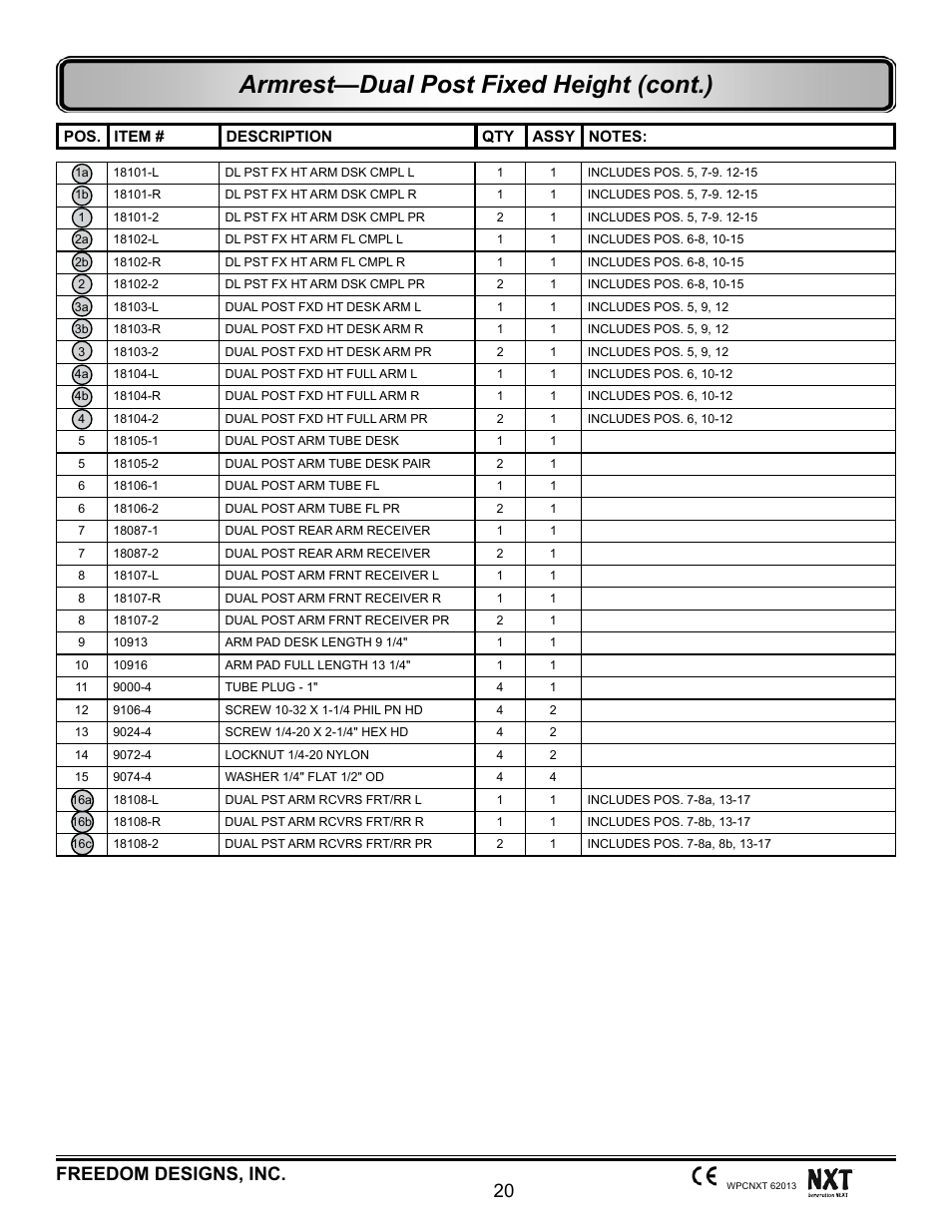 Armrest—dual post fixed height (cont.), 20 freedom designs, inc | Freedom Designs Freedom NXT User Manual | Page 29 / 182