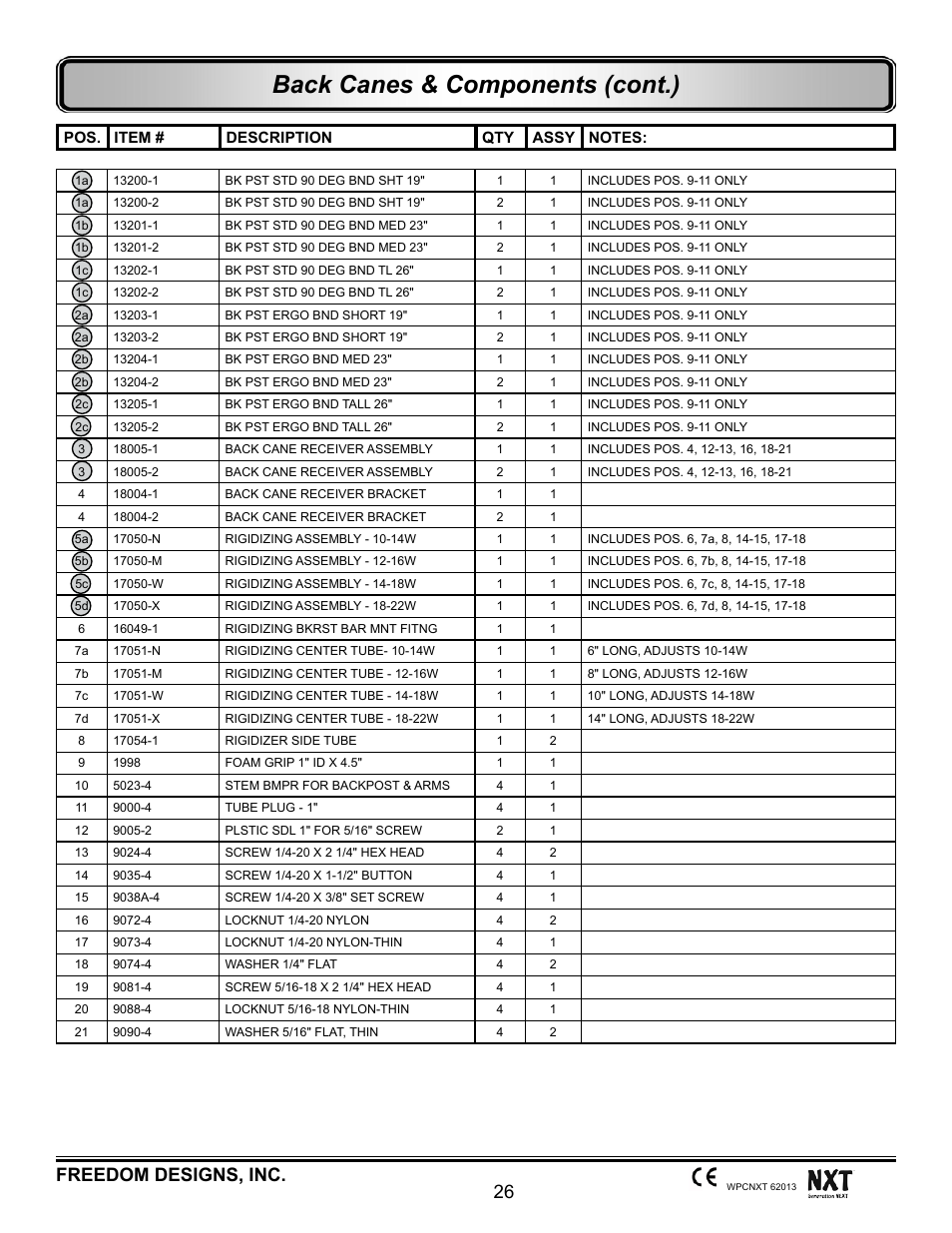 Back canes & components (cont.), 26 freedom designs, inc | Freedom Designs Freedom NXT User Manual | Page 35 / 182