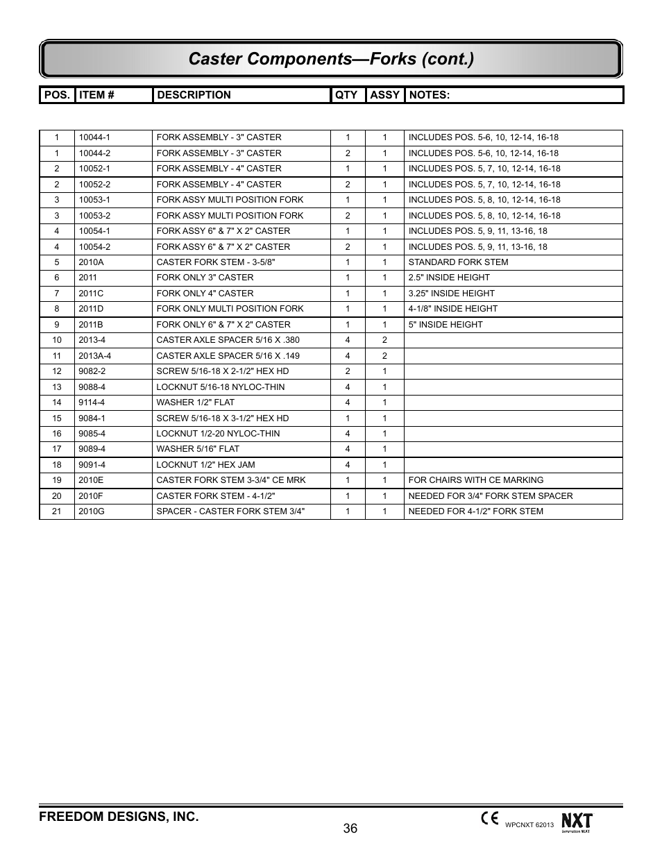 Caster components—forks (cont.), 36 freedom designs, inc | Freedom Designs Freedom NXT User Manual | Page 45 / 182