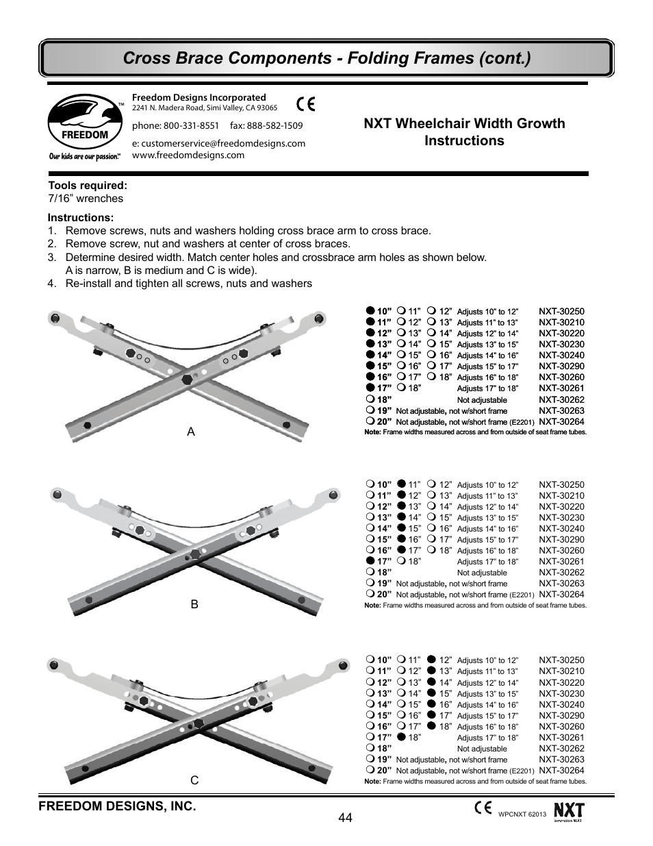 Cross brace components - folding frames (cont.), Nxt wheelchair width growth instructions, 44 freedom designs, inc | Ab c | Freedom Designs Freedom NXT User Manual | Page 53 / 182