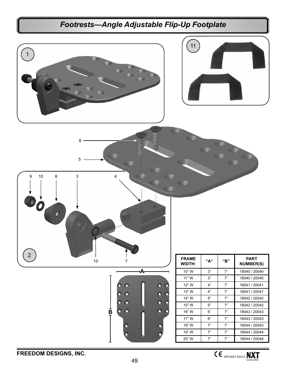 Angle adjustable flip-up, Footrests—angle adjustable flip-up footplate, Freedom designs, inc. 49 | Ba 11 | Freedom Designs Freedom NXT User Manual | Page 58 / 182