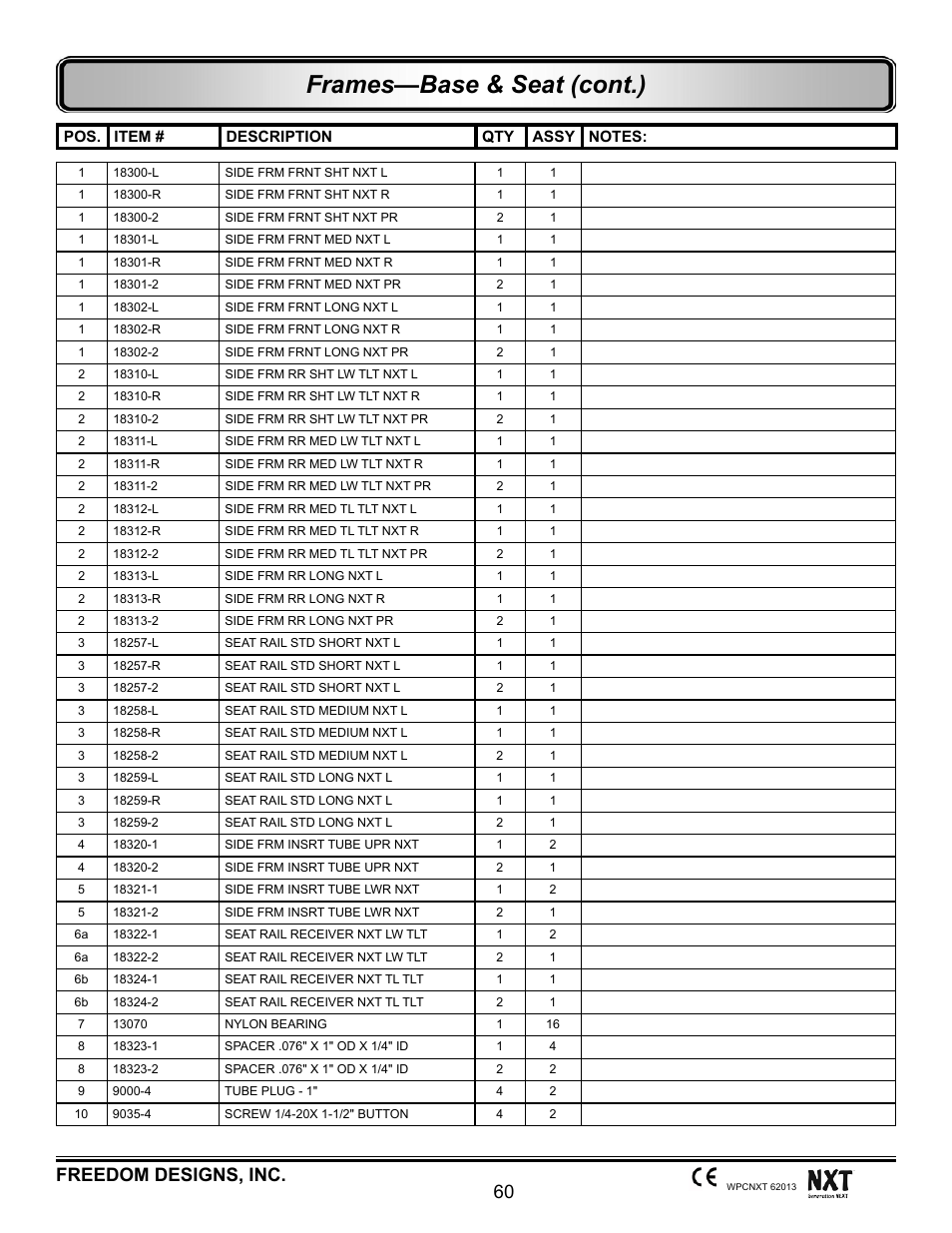 Frames—base & seat (cont.), 60 freedom designs, inc | Freedom Designs Freedom NXT User Manual | Page 69 / 182