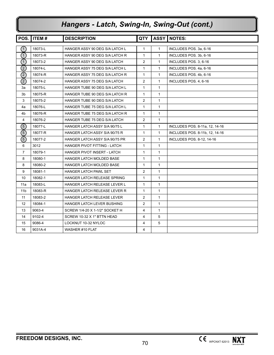 Hangers - latch, swing-in, swing-out (cont.), 70 freedom designs, inc | Freedom Designs Freedom NXT User Manual | Page 79 / 182