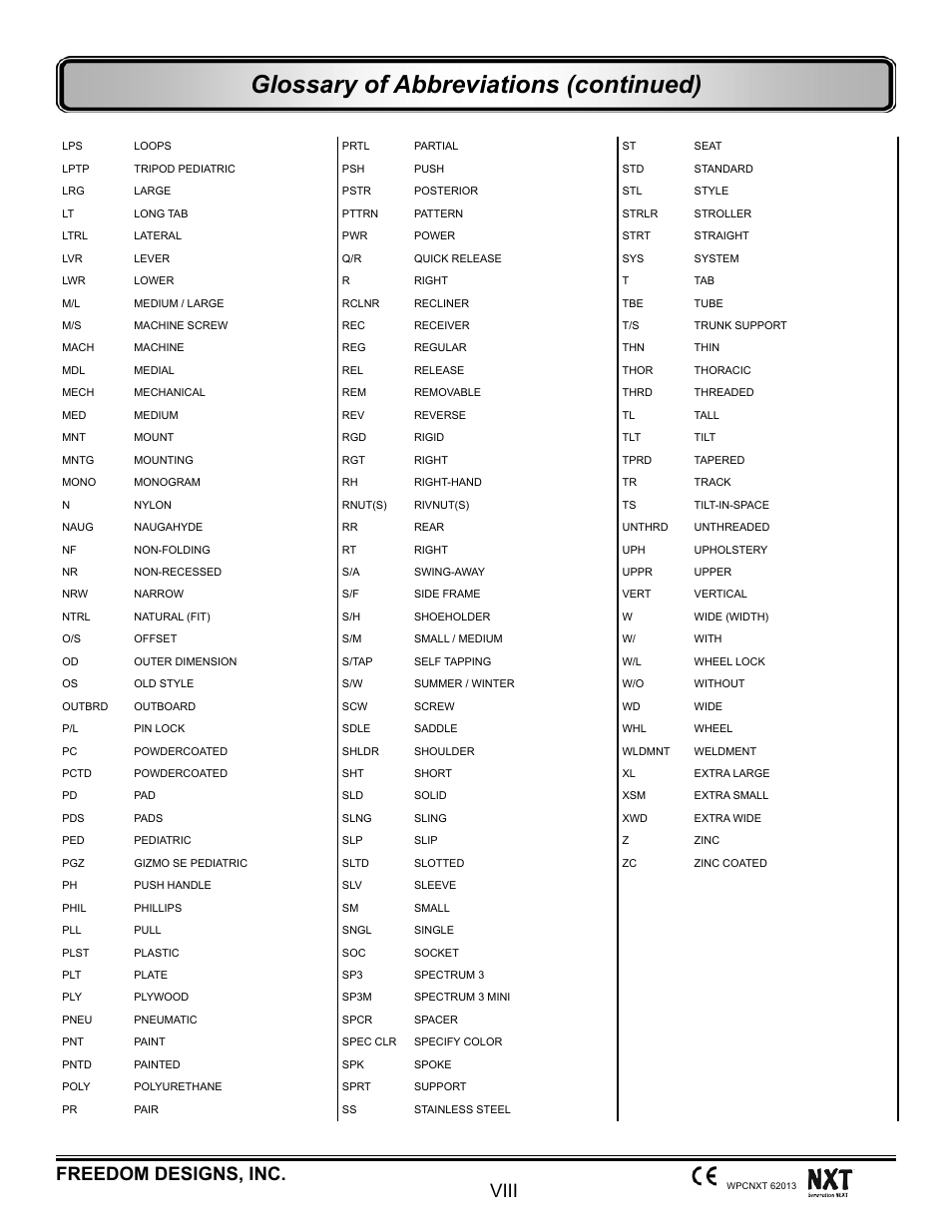 Glossary of abbreviations (continued), Viii freedom designs, inc | Freedom Designs Freedom NXT User Manual | Page 8 / 182