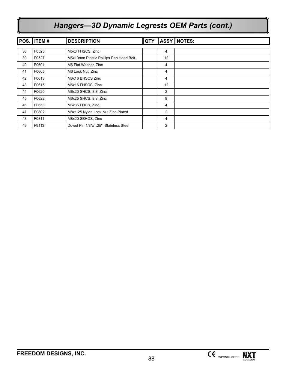 Hangers—3d dynamic legrests oem parts (cont.), 88 freedom designs, inc | Freedom Designs Freedom NXT User Manual | Page 97 / 182