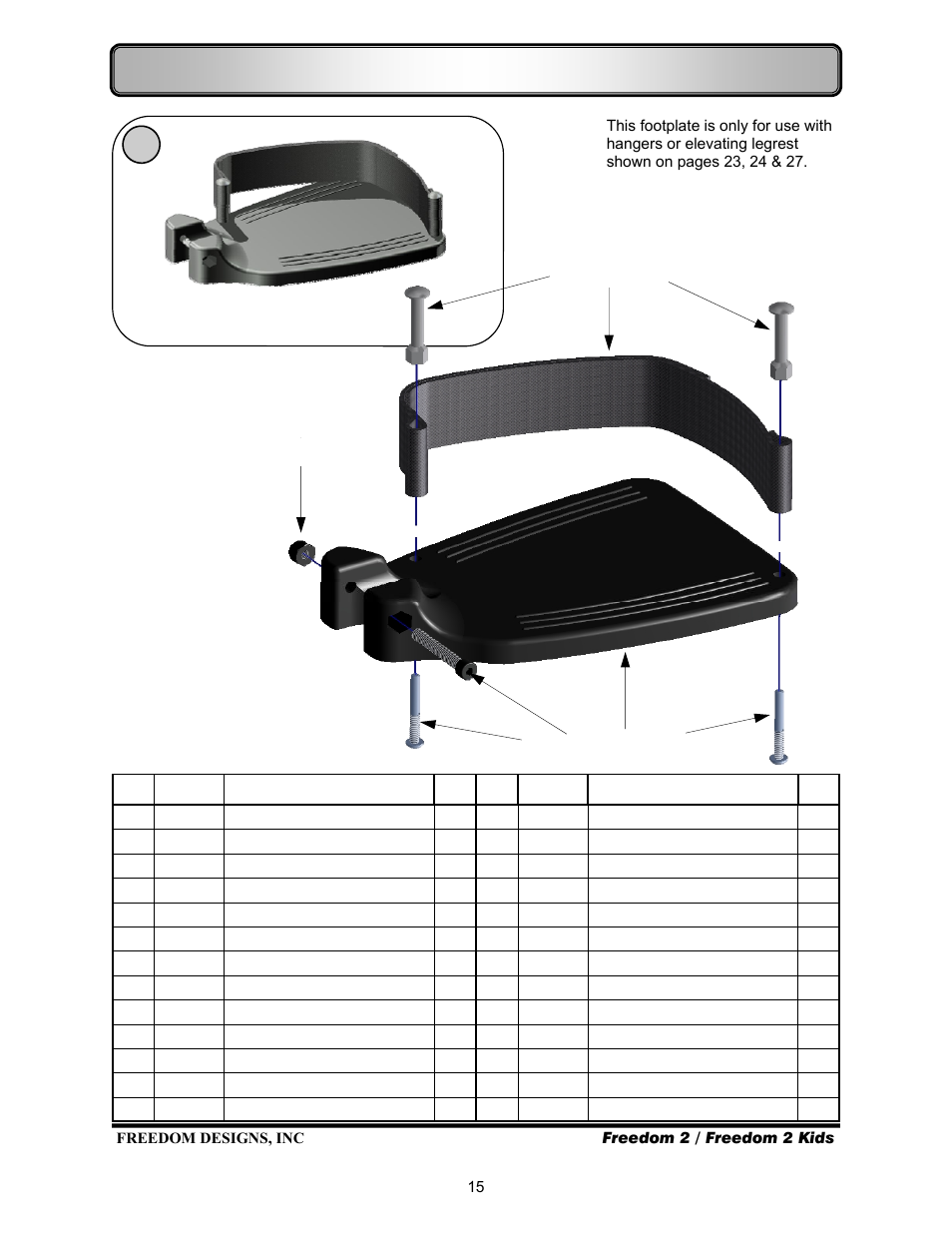 Footrests—composite flip-up footplate | Freedom Designs Freedom 2 User Manual | Page 17 / 40
