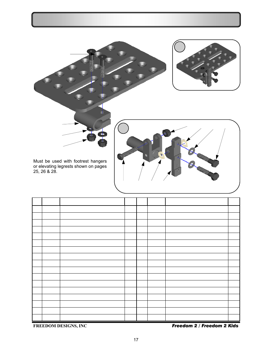 Footrests—90° flip up footplate (discontinued) | Freedom Designs Freedom 2 User Manual | Page 19 / 40