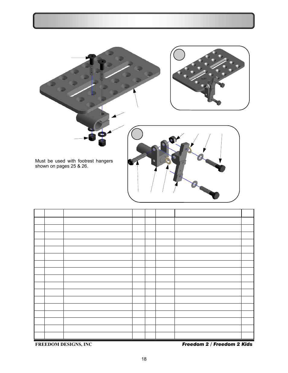 Footrests—75° flip up footplates (discontinued) | Freedom Designs Freedom 2 User Manual | Page 20 / 40