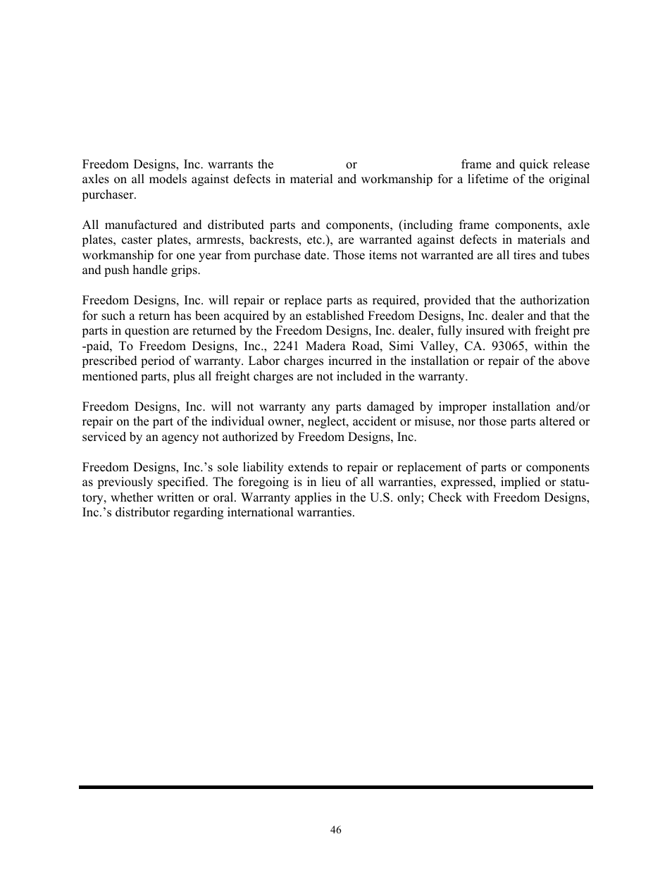 Limited warranty, Freedom 2, Freedom 2 kids | Freedom Designs Freedom 2 User Manual | Page 46 / 46
