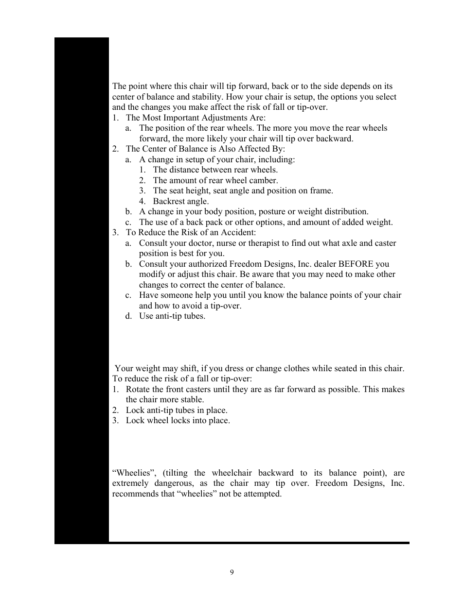 Warning: falls & tip-overs | Freedom Designs Freedom 2 User Manual | Page 9 / 46