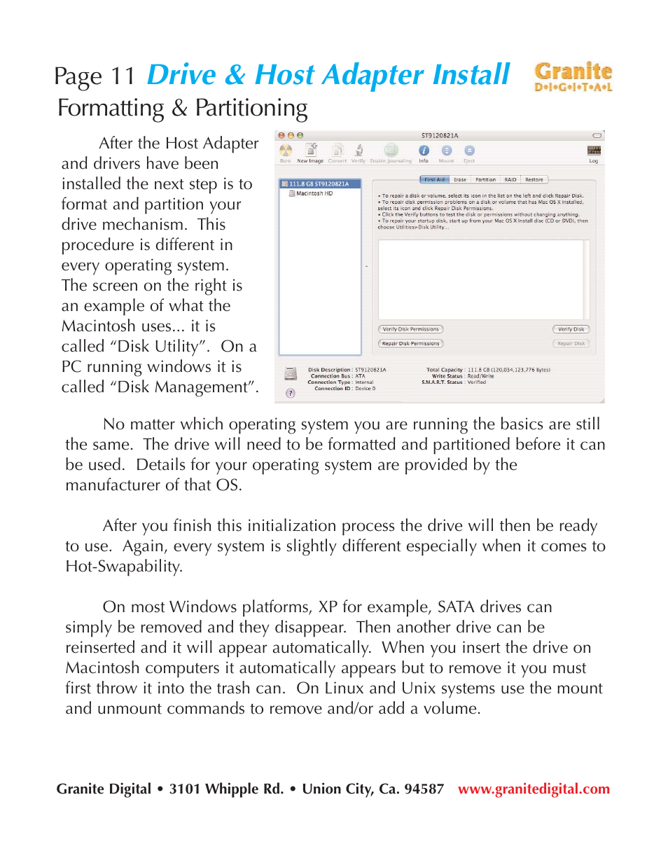 Drive & host adapter install, Page 11, Formatting & partitioning | Granite Digital SATA 2 Bay Aluminum Series User Manual | Page 11 / 18