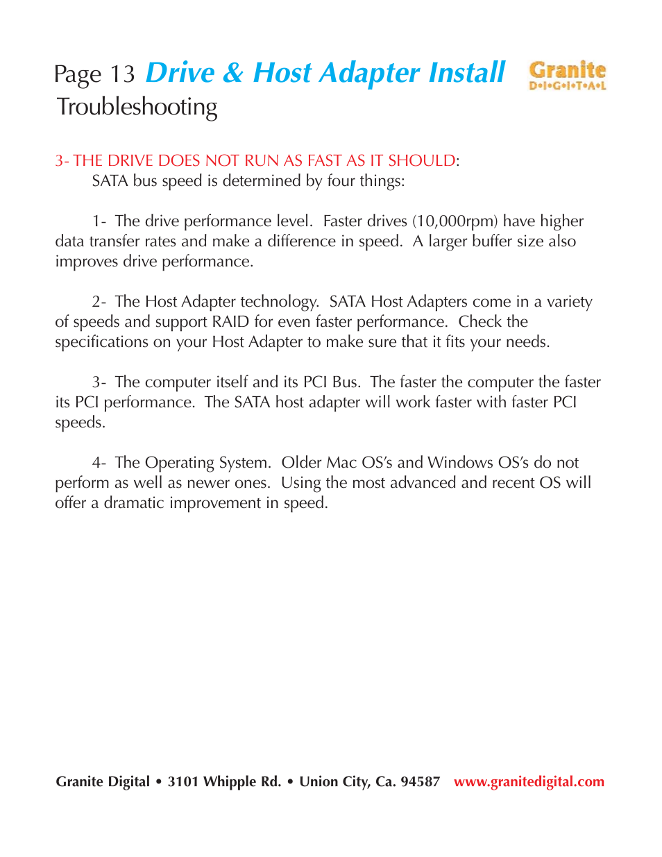 Drive & host adapter install, Page 13, Troubleshooting | Granite Digital SATA 2 Bay Aluminum Series User Manual | Page 13 / 18