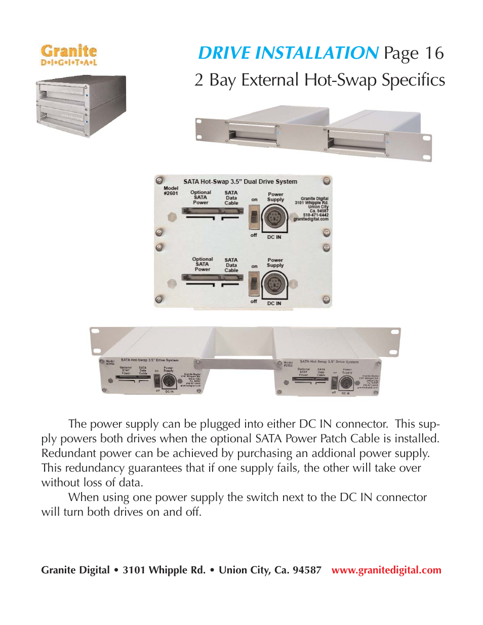 Drive installation, Page 16 2 bay external hot-swap specifics | Granite Digital SATA 2 Bay Aluminum Series User Manual | Page 16 / 18
