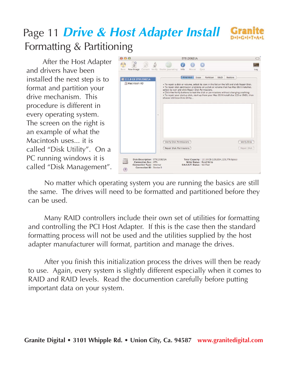 Drive & host adapter install, Page 11, Formatting & partitioning | Granite Digital SATA 8 Bay Rack Expandable User Manual | Page 11 / 18