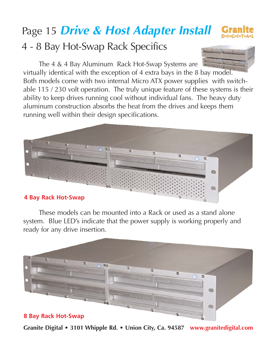 Drive & host adapter install, Page 15, 4 - 8 bay hot-swap rack specifics | Granite Digital SATA 8 Bay Rack Expandable User Manual | Page 15 / 18