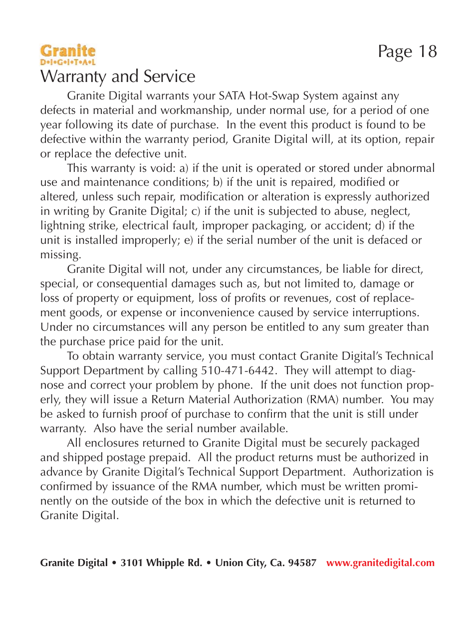 Page 18 warranty and service | Granite Digital SATA 8 Bay Rack Expandable User Manual | Page 18 / 18