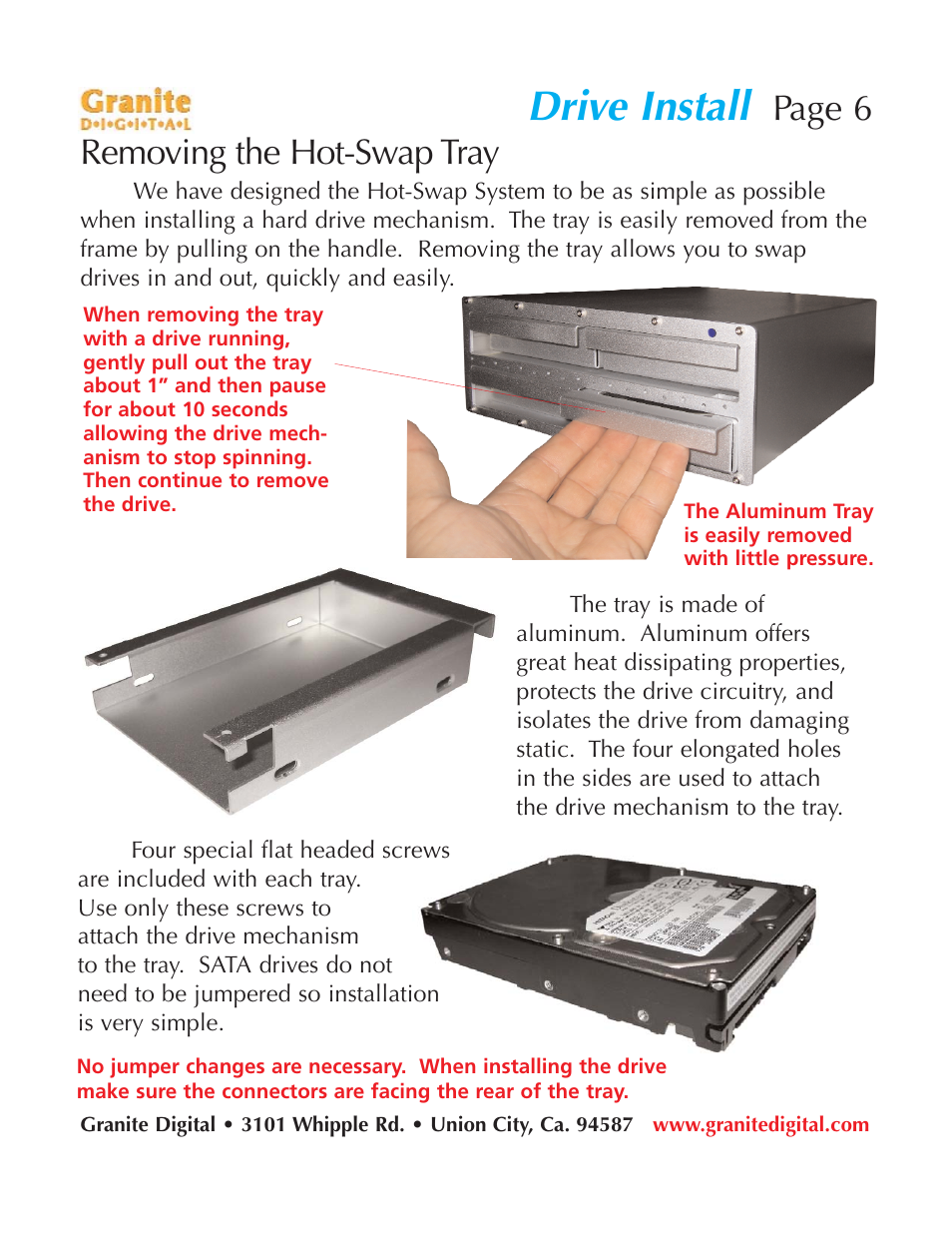 Drive install, Removing the hot-swap tray, Page 6 | Granite Digital SATA 8 Bay Rack Expandable User Manual | Page 6 / 18