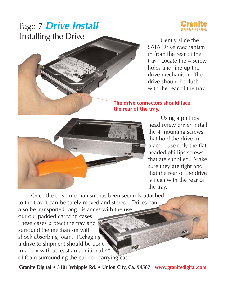 Drive install, Page 7, Installing the drive | Granite Digital SATA 8 Bay Rack Expandable User Manual | Page 7 / 18