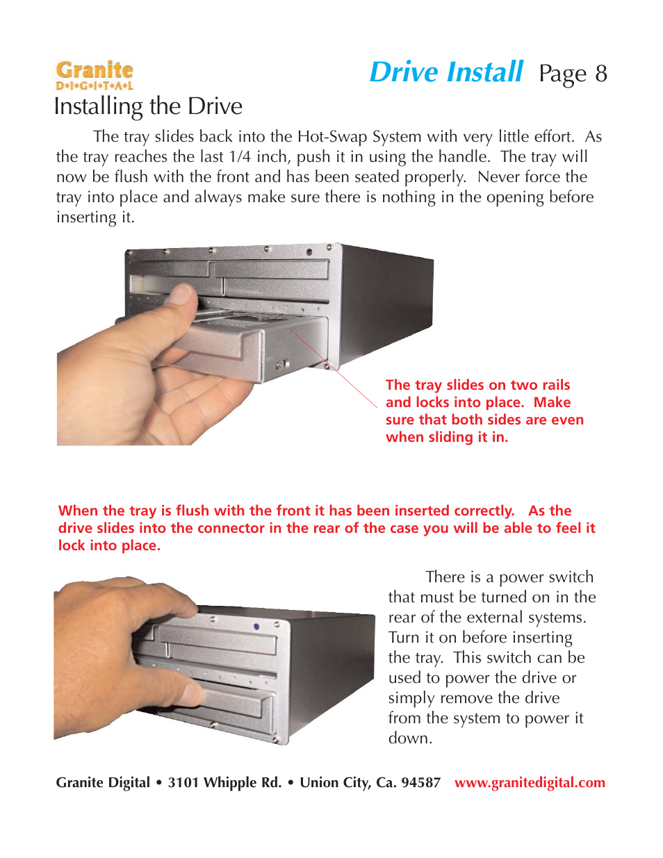 Drive install, Page 8 installing the drive | Granite Digital SATA 8 Bay Rack Expandable User Manual | Page 8 / 18