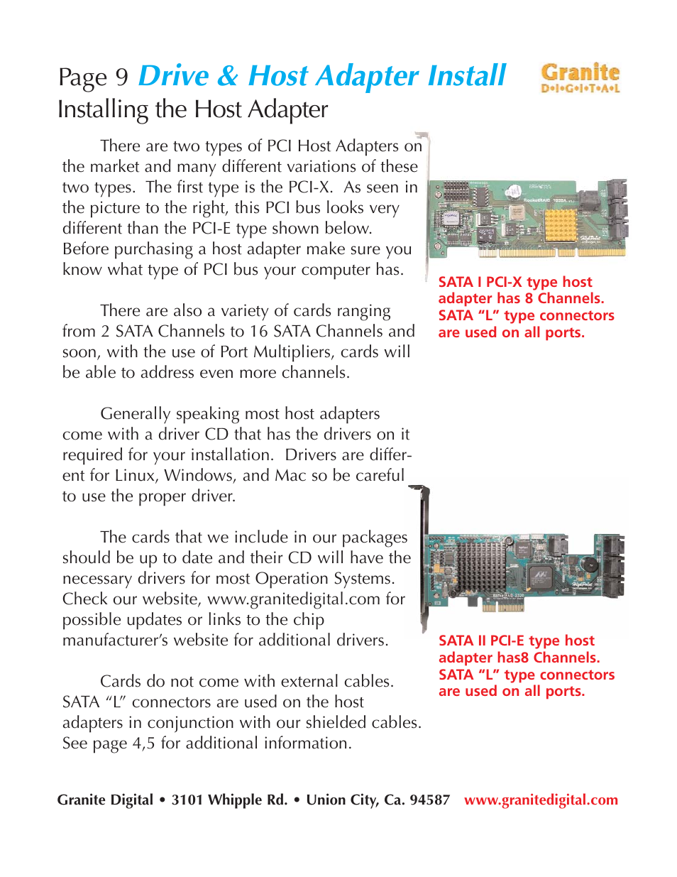 Drive & host adapter install, Page 9, Installing the host adapter | Granite Digital SATA 8 Bay Rack Expandable User Manual | Page 9 / 18