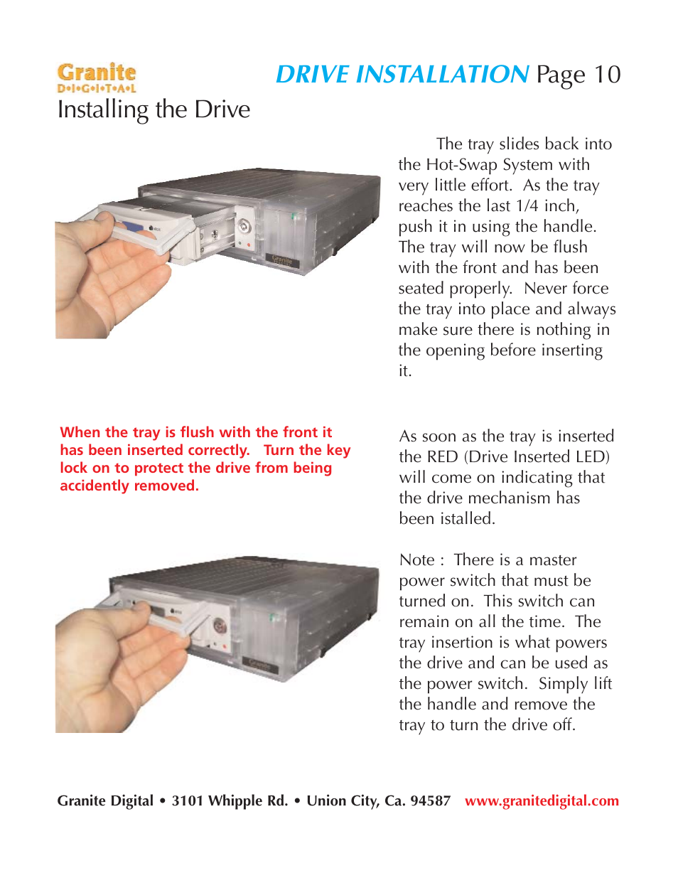Drive installation, Page 10 installing the drive | Granite Digital SATA LCD Hot-Swap User Manual | Page 10 / 18