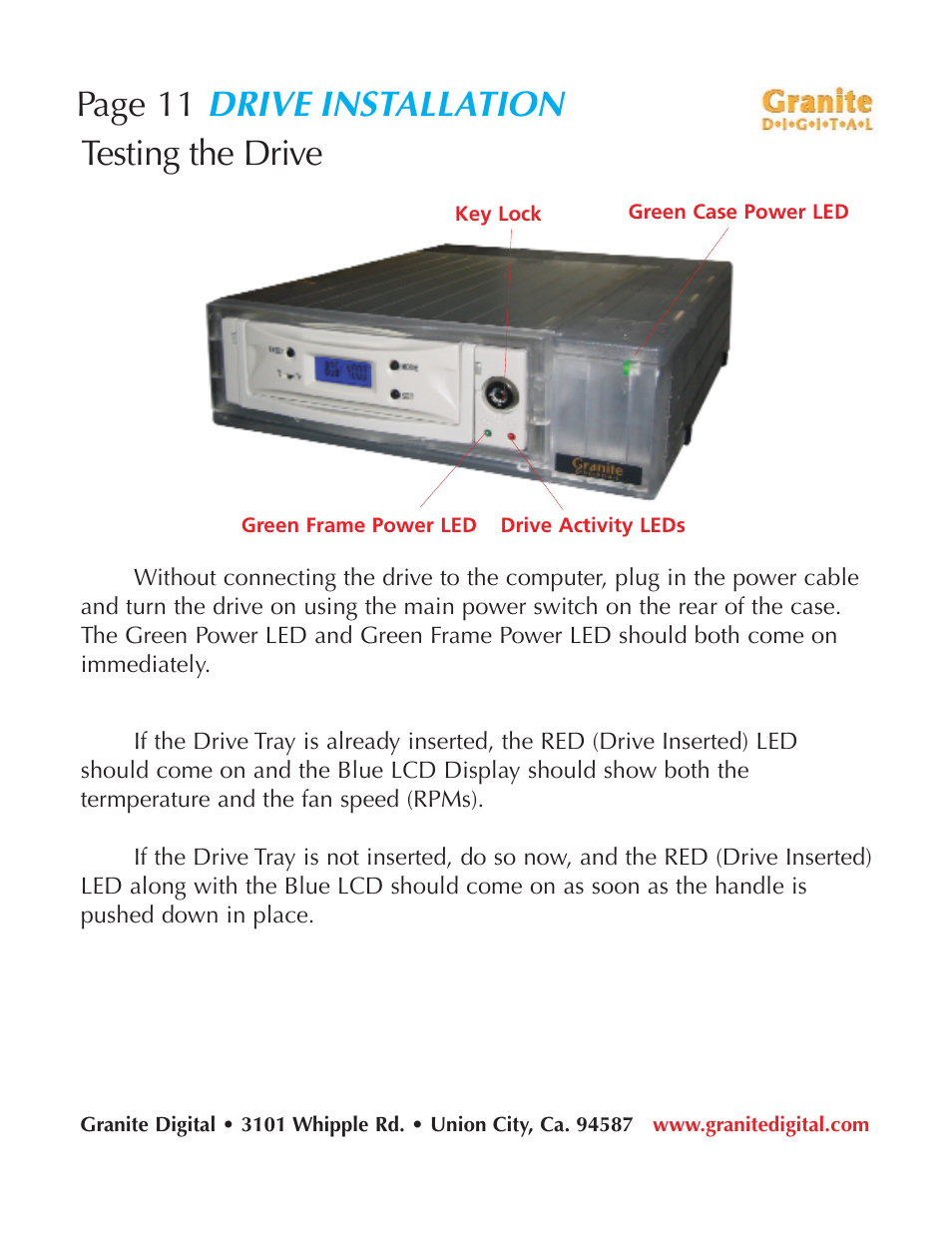 Drive installation, Page 11, Testing the drive | Granite Digital SATA LCD Hot-Swap User Manual | Page 11 / 18