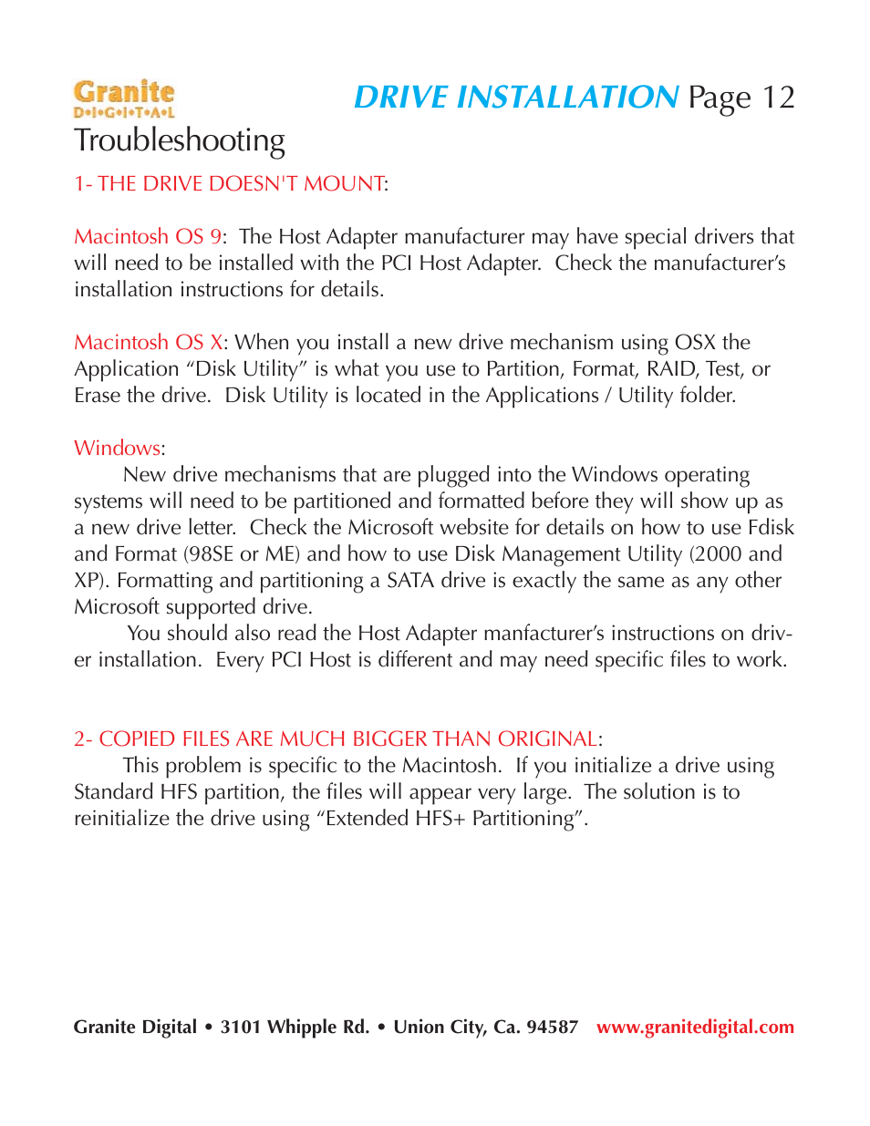 Drive installation, Page 12 troubleshooting | Granite Digital SATA LCD Hot-Swap User Manual | Page 12 / 18