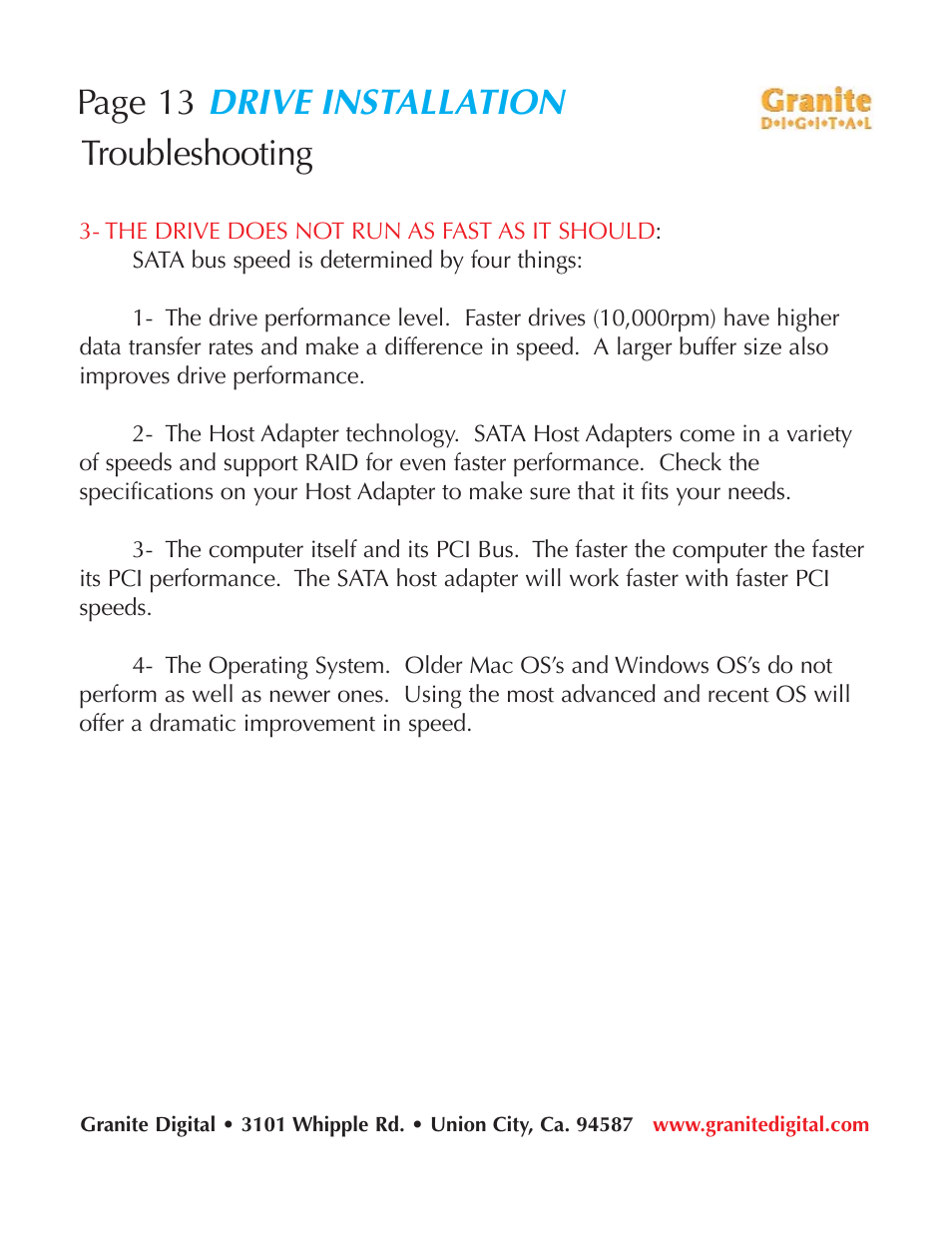 Drive installation, Page 13, Troubleshooting | Granite Digital SATA LCD Hot-Swap User Manual | Page 13 / 18