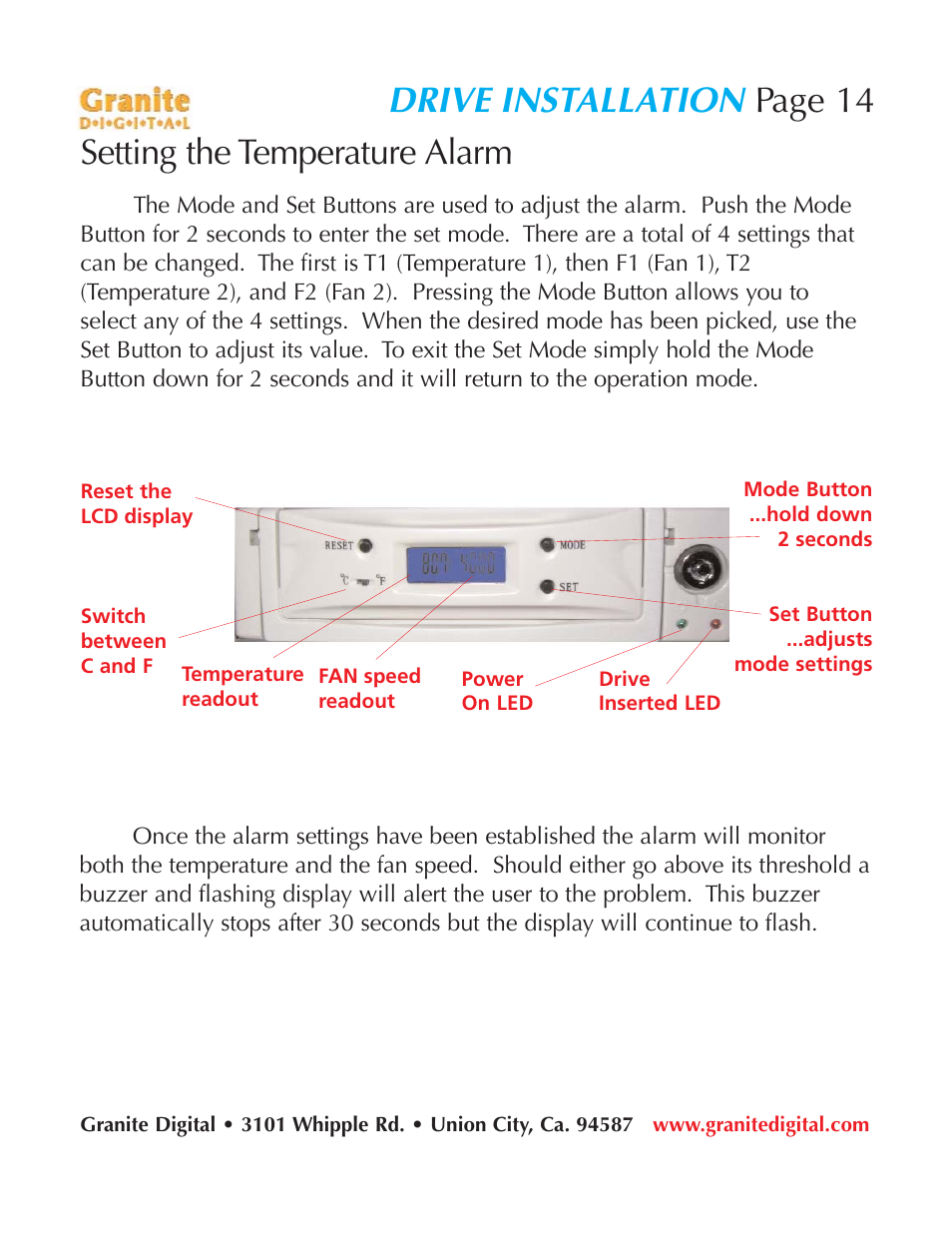 Drive installation, Page 14 setting the temperature alarm | Granite Digital SATA LCD Hot-Swap User Manual | Page 14 / 18