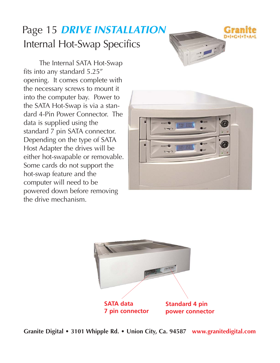 Drive installation, Page 15, Internal hot-swap specifics | Granite Digital SATA LCD Hot-Swap User Manual | Page 15 / 18