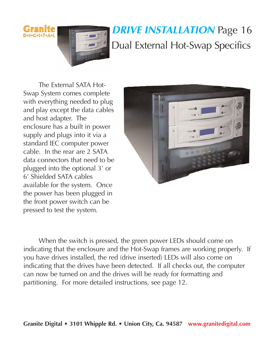 Drive installation, Page 16 dual external hot-swap specifics | Granite Digital SATA LCD Hot-Swap User Manual | Page 16 / 18