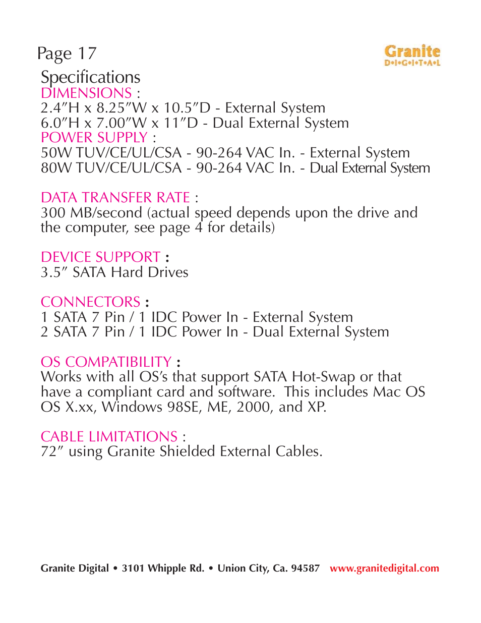 Page 17 specifications | Granite Digital SATA LCD Hot-Swap User Manual | Page 17 / 18