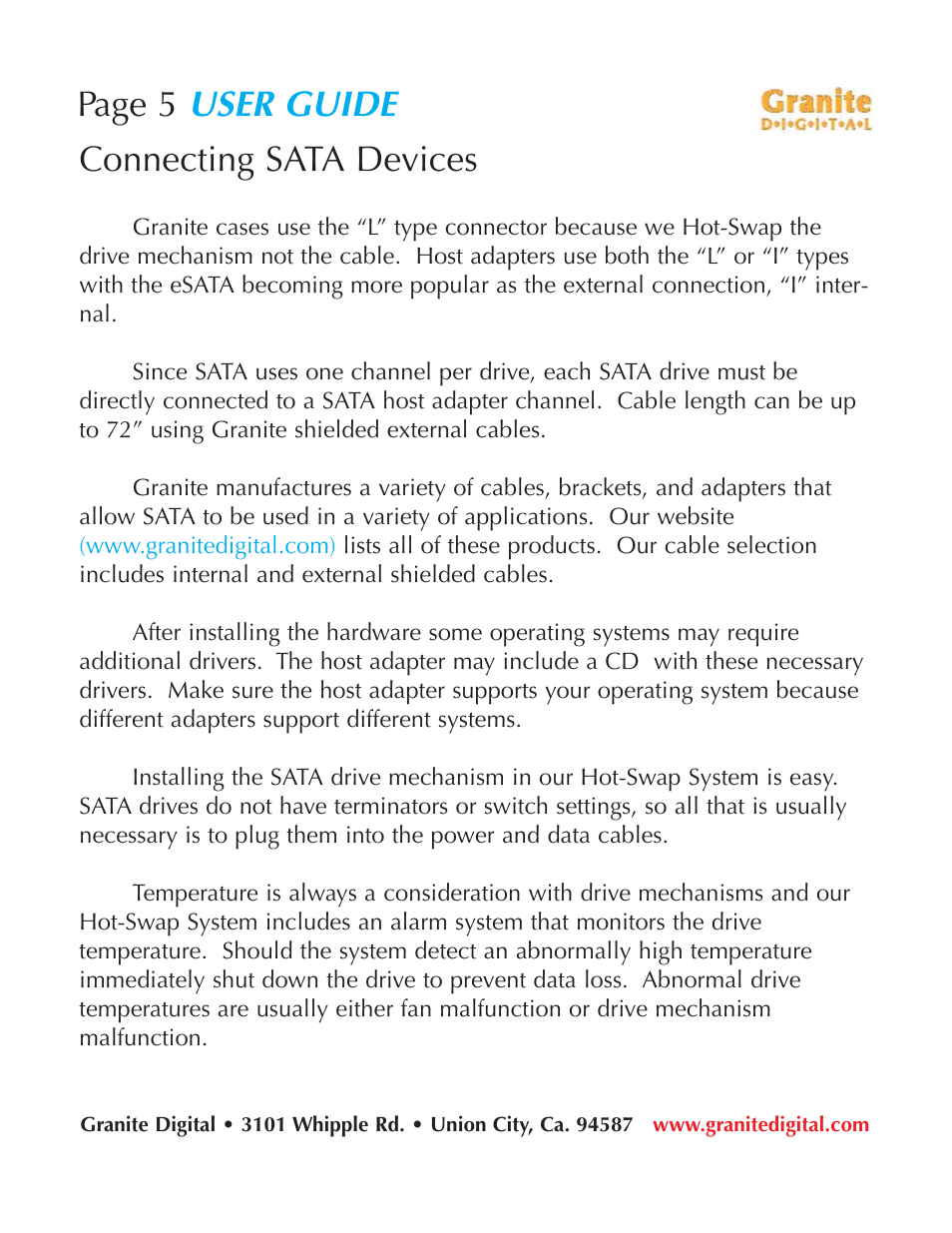 User guide, Page 5, Connecting sata devices | Granite Digital SATA LCD Hot-Swap User Manual | Page 5 / 18