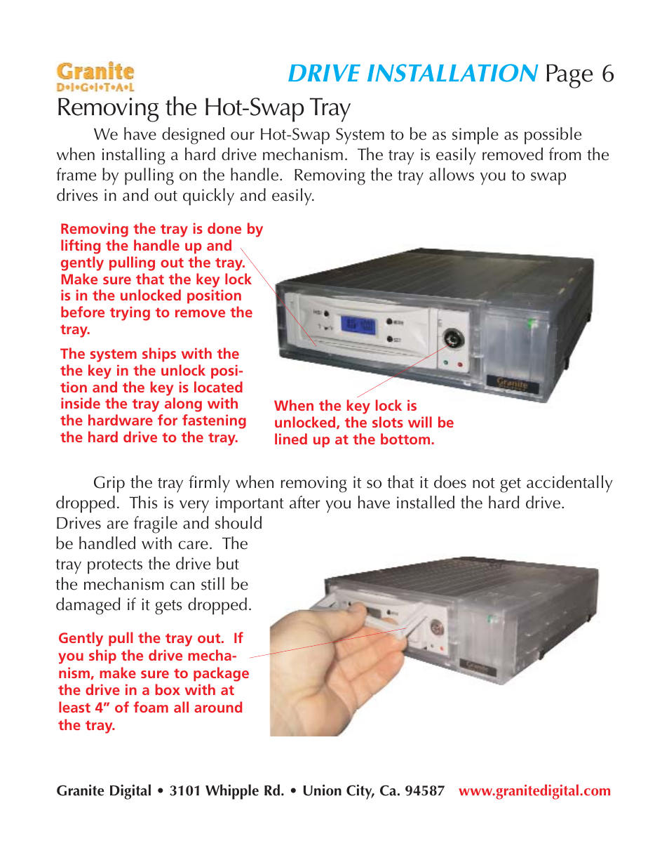 Drive installation, Removing the hot-swap tray, Page 6 | Granite Digital SATA LCD Hot-Swap User Manual | Page 6 / 18