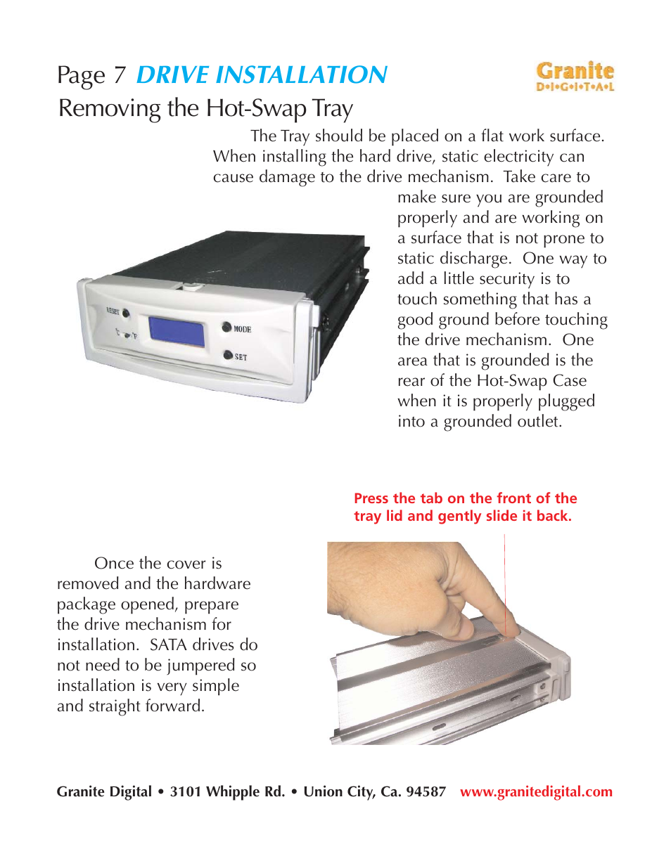 Drive installation, Page 7, Removing the hot-swap tray | Granite Digital SATA LCD Hot-Swap User Manual | Page 7 / 18